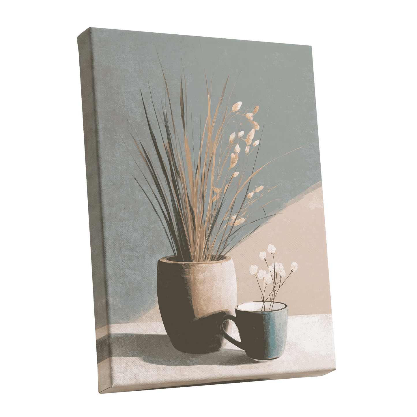 Stillness in Sage, gray, beige, green floral wall art shown as a stretched canvas wall art