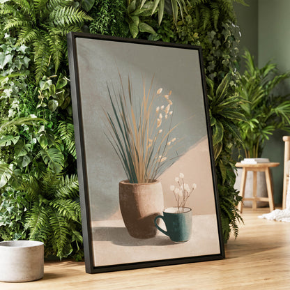 Stillness in Sage, gray, beige, green floral wall art displayed in a styled interior, gallery view 1