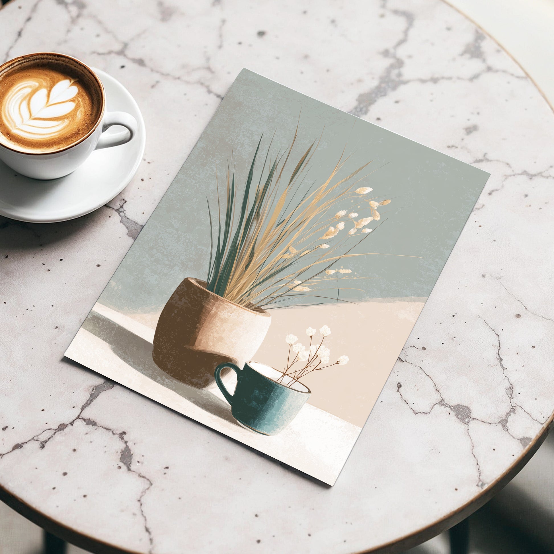 Stillness in Sage, gray, beige, green floral wall art displayed in a styled interior, gallery view 3