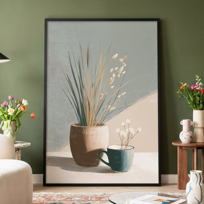 Stillness in Sage, gray, beige, green floral wall art displayed in a styled interior, gallery view 4