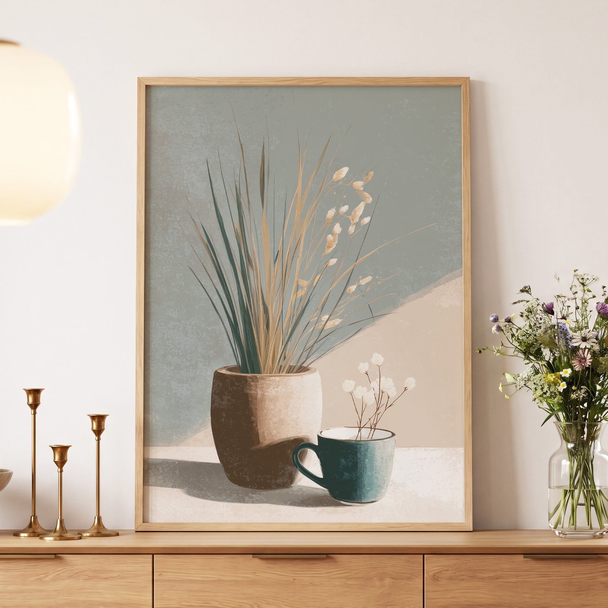 Stillness in Sage, gray, beige, green floral wall art displayed in a styled interior, gallery view 5