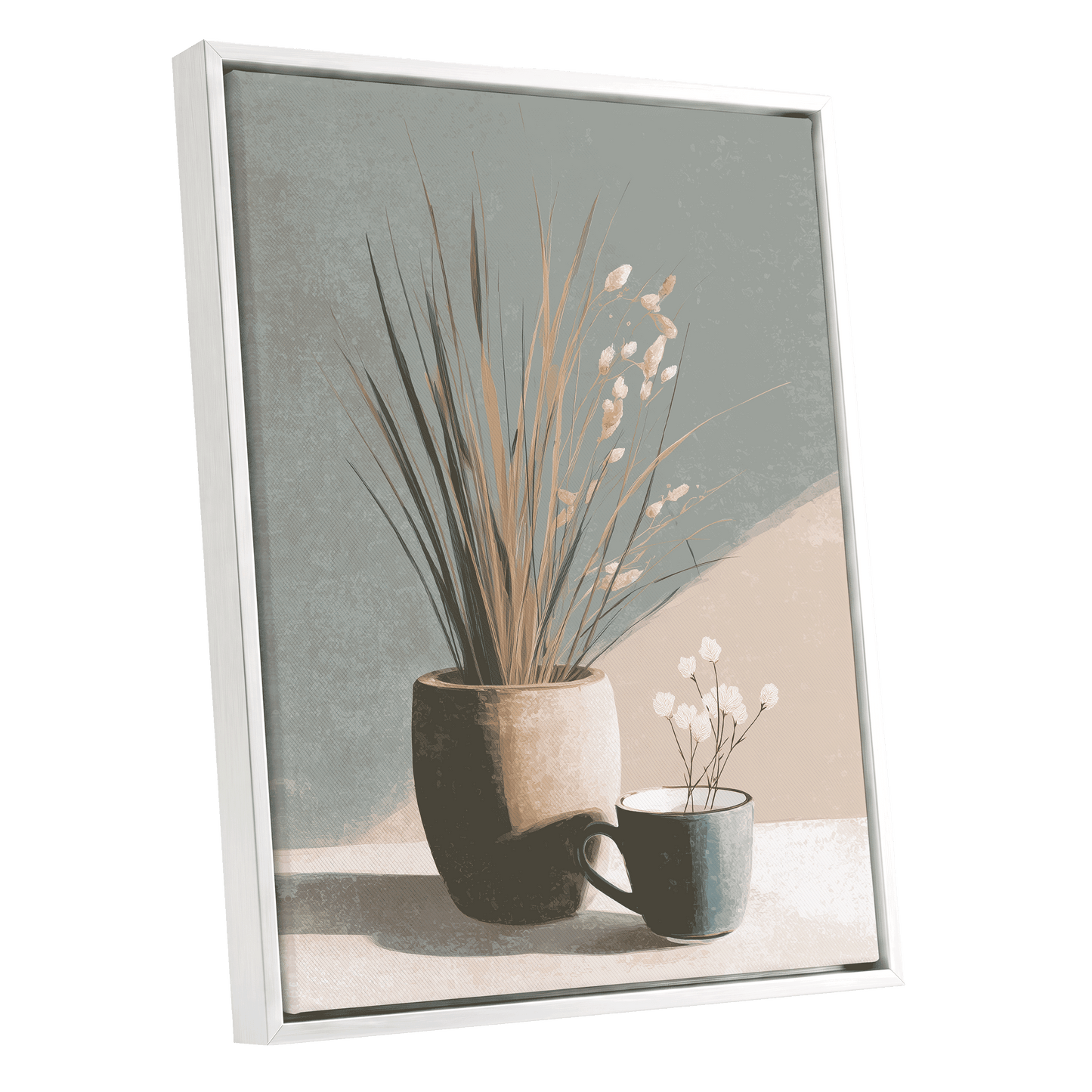 Stillness in Sage, gray, beige, green floral wall art shown as a white framed canvas wall art