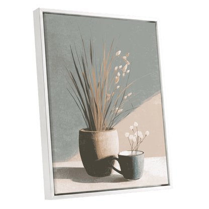 Stillness in Sage, gray, beige, green floral wall art shown as a white framed canvas wall art