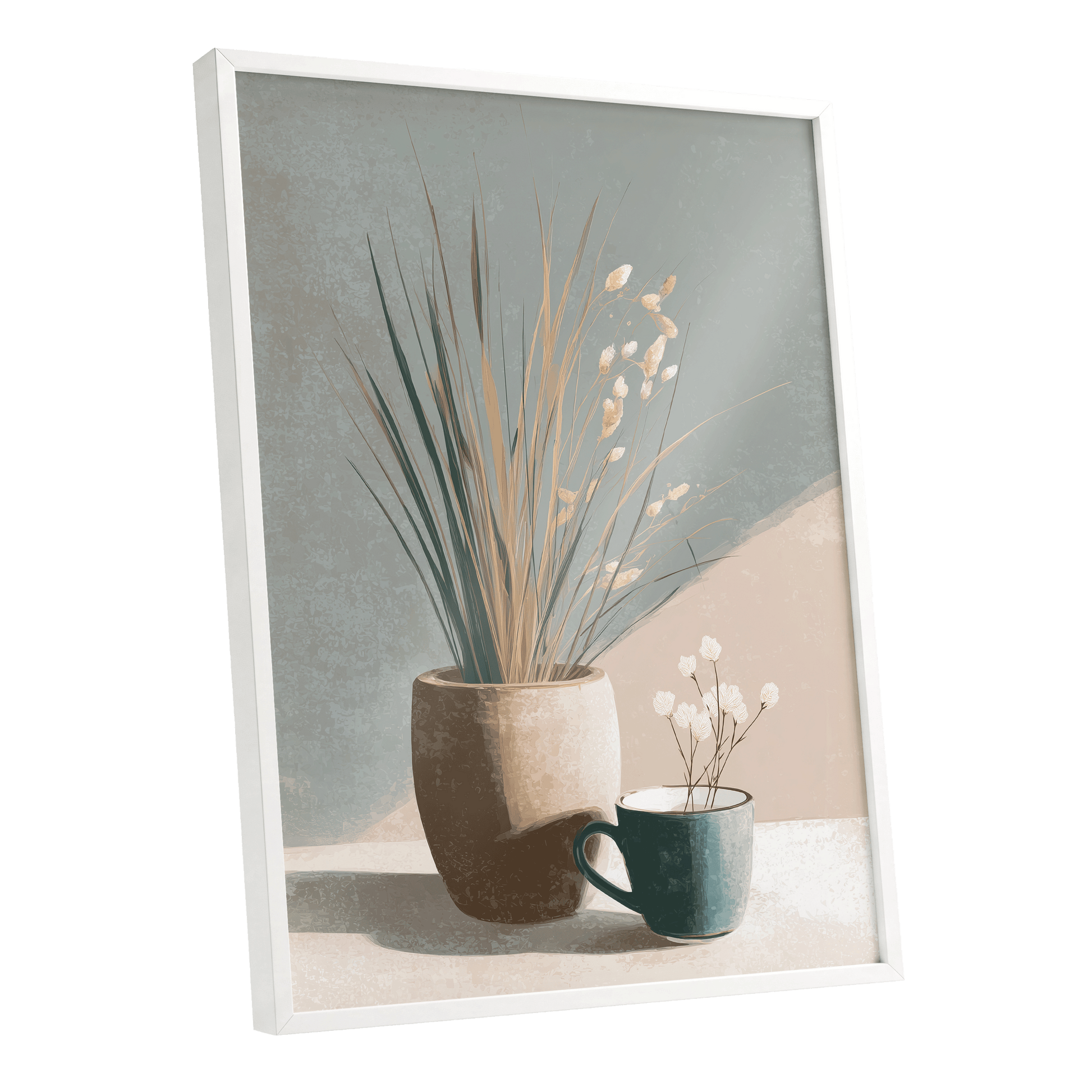 Stillness in Sage, gray, beige, green floral wall art shown as a white framed poster wall art print