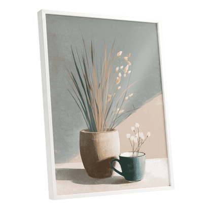 Stillness in Sage, gray, beige, green floral wall art shown as a white framed poster wall art print