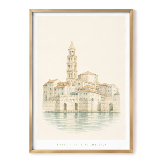 Stillness Over Split, beige, brown, green minimalist wall art, front artwork view