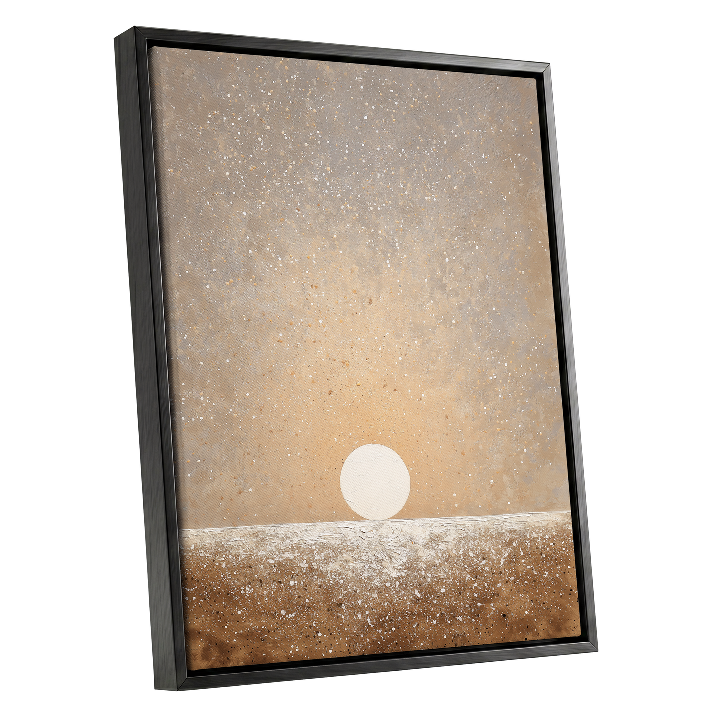 Stillpoint Horizon, beige, white, brown minimalist wall art shown as a black framed canvas wall art
