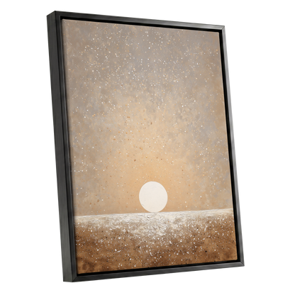 Stillpoint Horizon, beige, white, brown minimalist wall art shown as a black framed canvas wall art