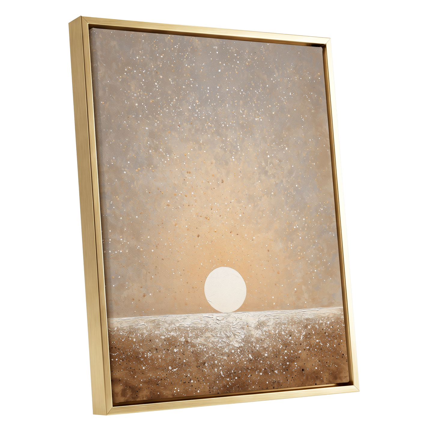 Stillpoint Horizon, beige, white, brown minimalist wall art shown as a gold framed canvas wall art