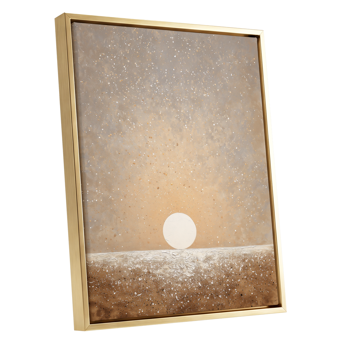 Stillpoint Horizon, beige, white, brown minimalist wall art shown as a gold framed canvas wall art