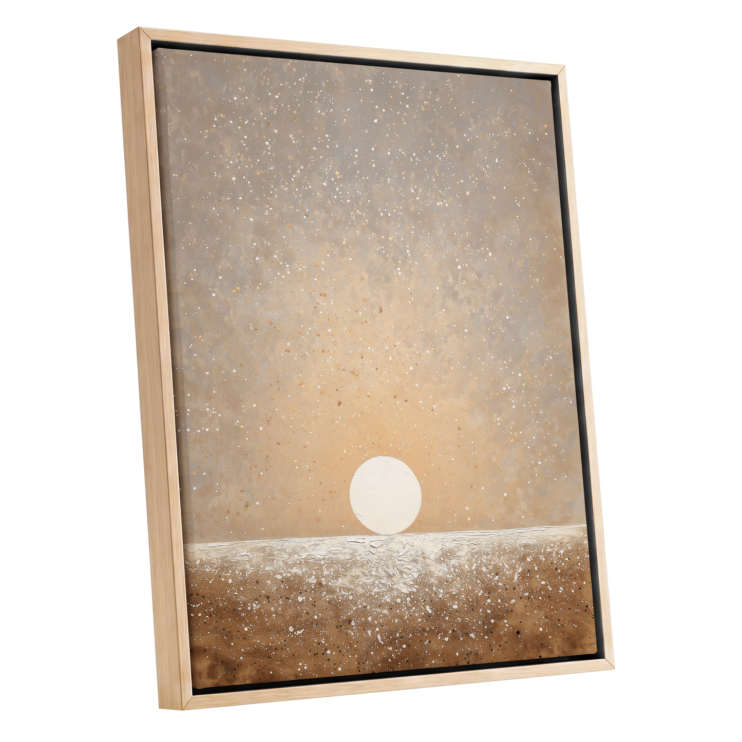 Stillpoint Horizon, beige, white, brown minimalist wall art shown as a oak framed canvas wall art