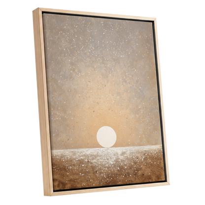 Stillpoint Horizon, beige, white, brown minimalist wall art shown as a oak framed canvas wall art