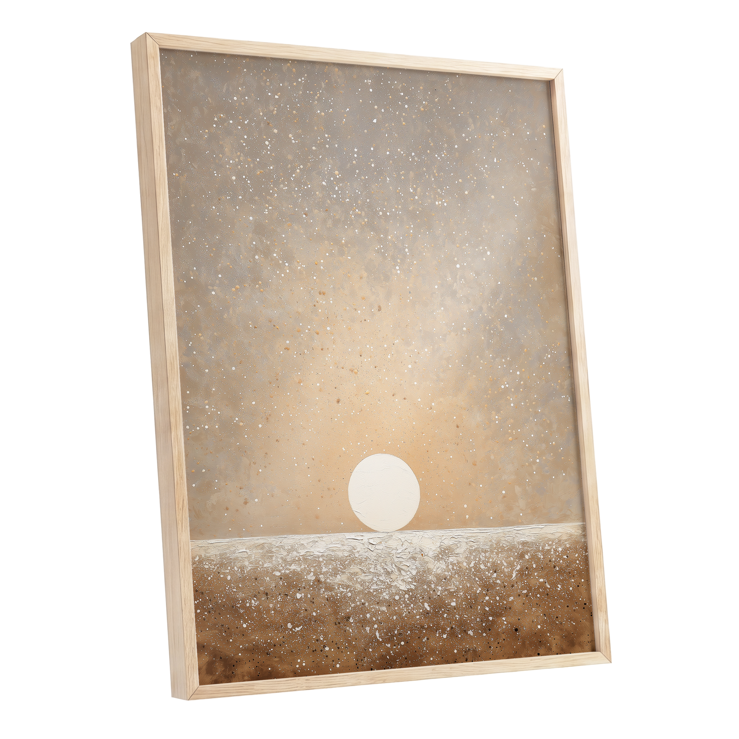 Stillpoint Horizon, beige, white, brown minimalist wall art shown as a oak framed poster wall art print