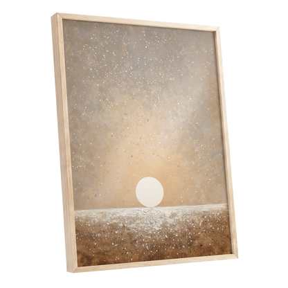 Stillpoint Horizon, beige, white, brown minimalist wall art shown as a oak framed poster wall art print