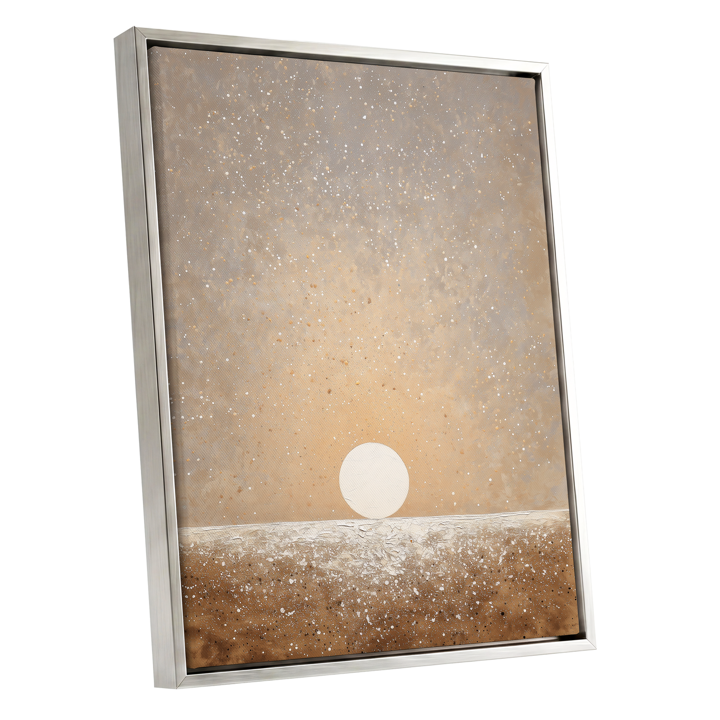 Stillpoint Horizon, beige, white, brown minimalist wall art shown as a silver framed canvas wall art