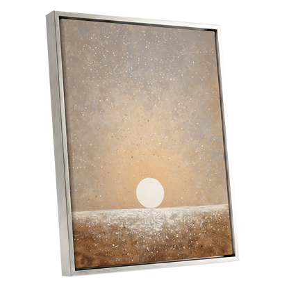 Stillpoint Horizon, beige, white, brown minimalist wall art shown as a silver framed canvas wall art