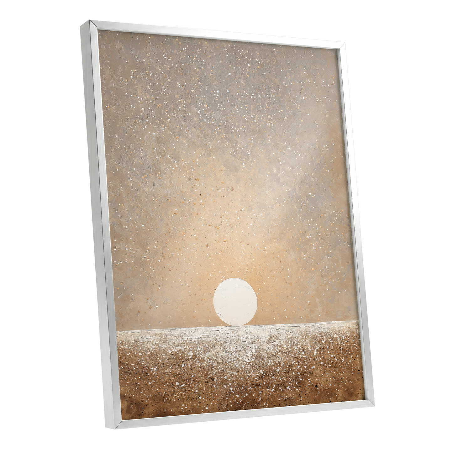 Stillpoint Horizon, beige, white, brown minimalist wall art shown as a silver framed poster wall art print