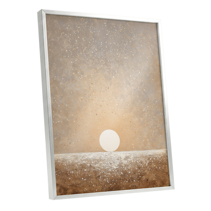 Stillpoint Horizon, beige, white, brown minimalist wall art shown as a silver framed poster wall art print