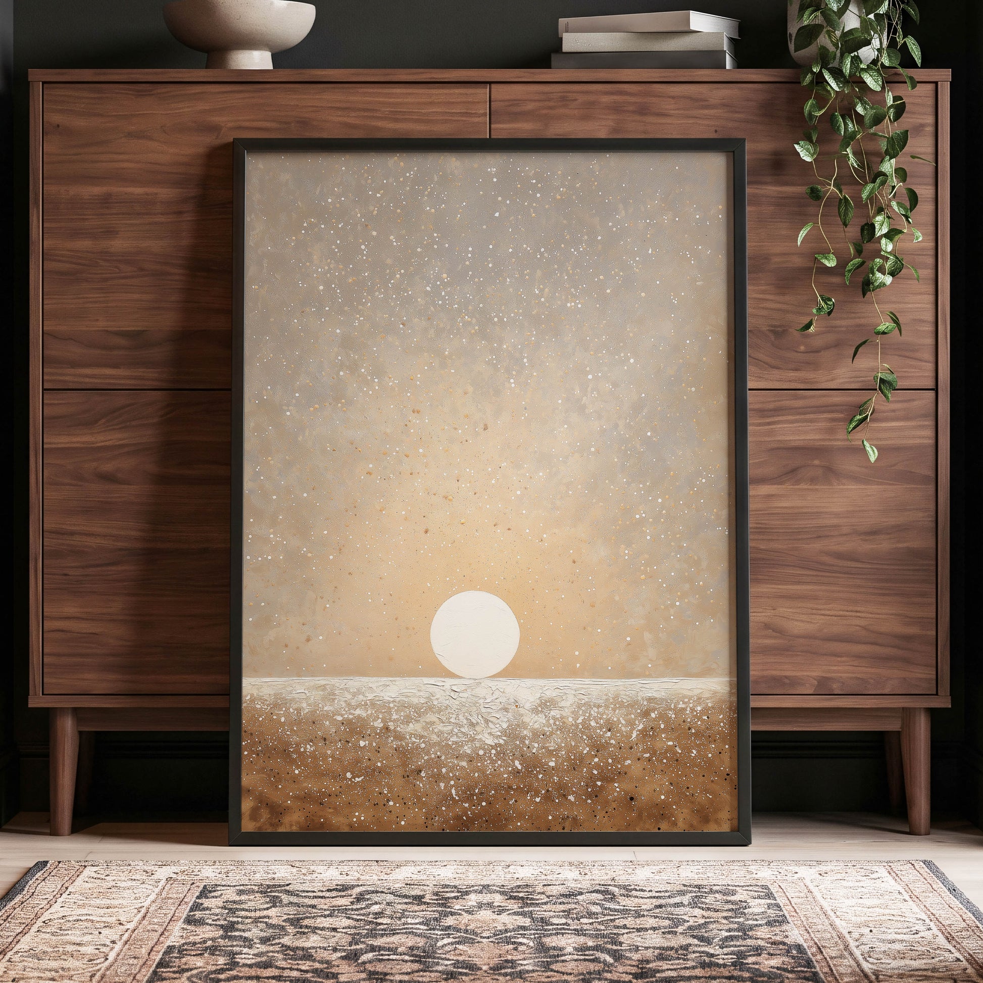 Stillpoint Horizon, beige, white, brown minimalist wall art displayed in a styled interior, gallery view 2
