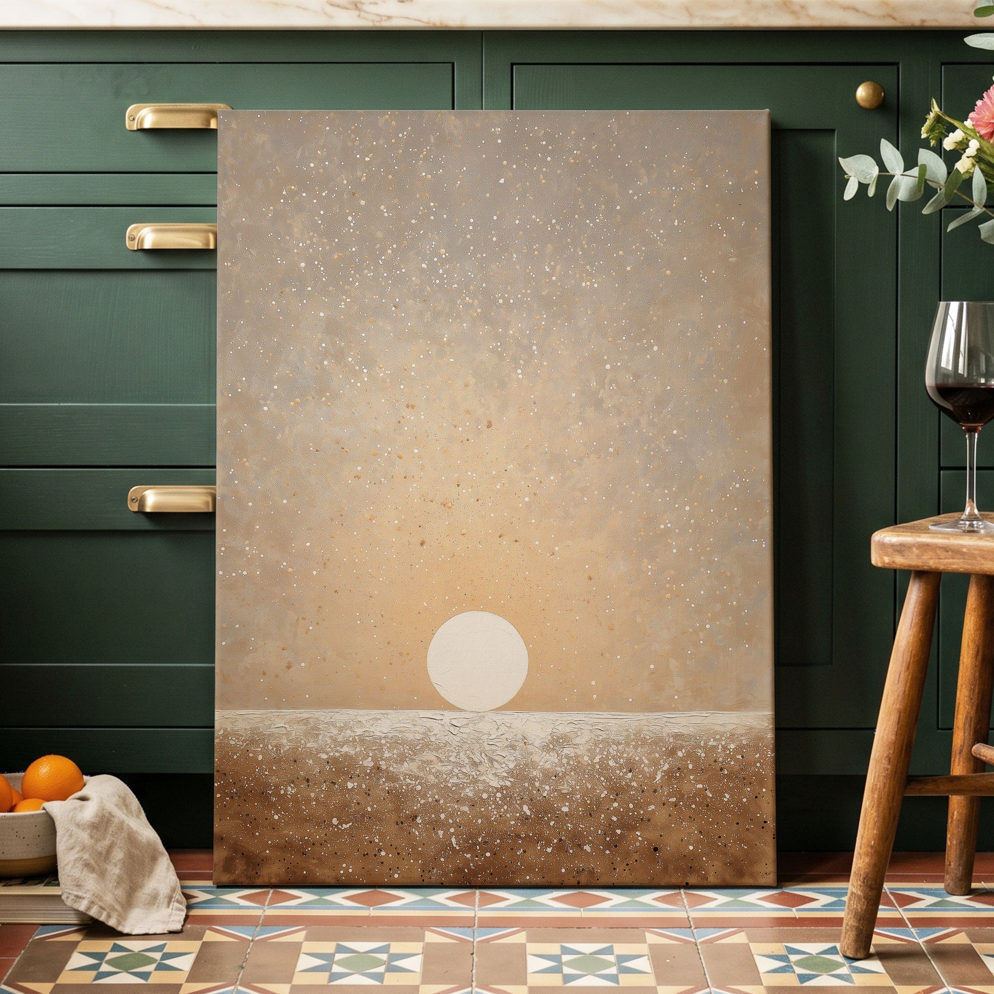 Stillpoint Horizon, beige, white, brown minimalist wall art displayed in a styled interior, gallery view 3