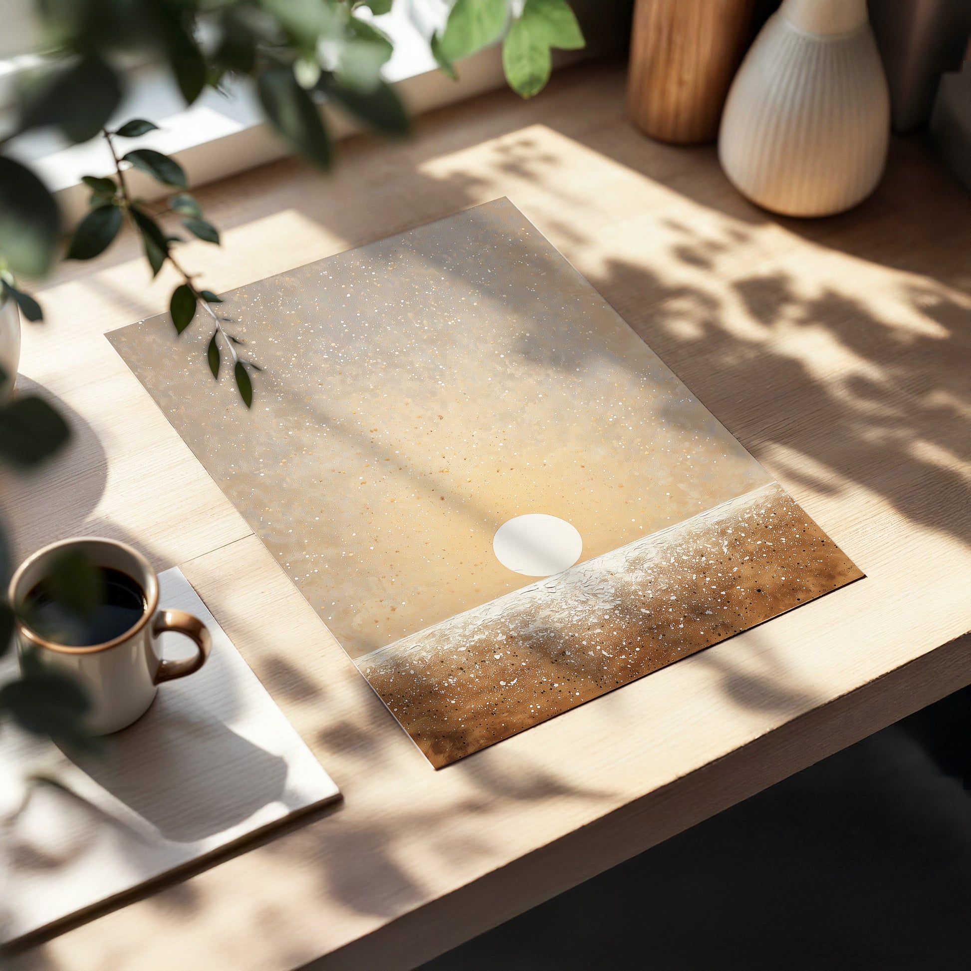 Stillpoint Horizon, beige, white, brown minimalist wall art displayed in a styled interior, gallery view 5