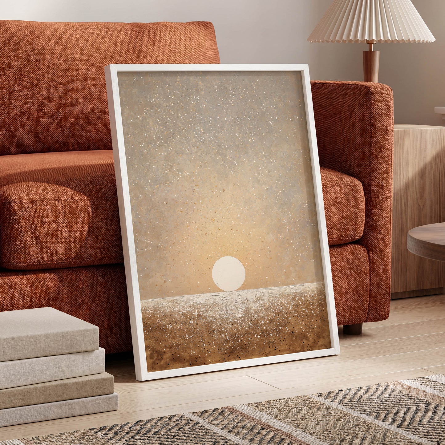 Stillpoint Horizon, beige, white, brown minimalist wall art displayed in a styled interior, gallery view 9