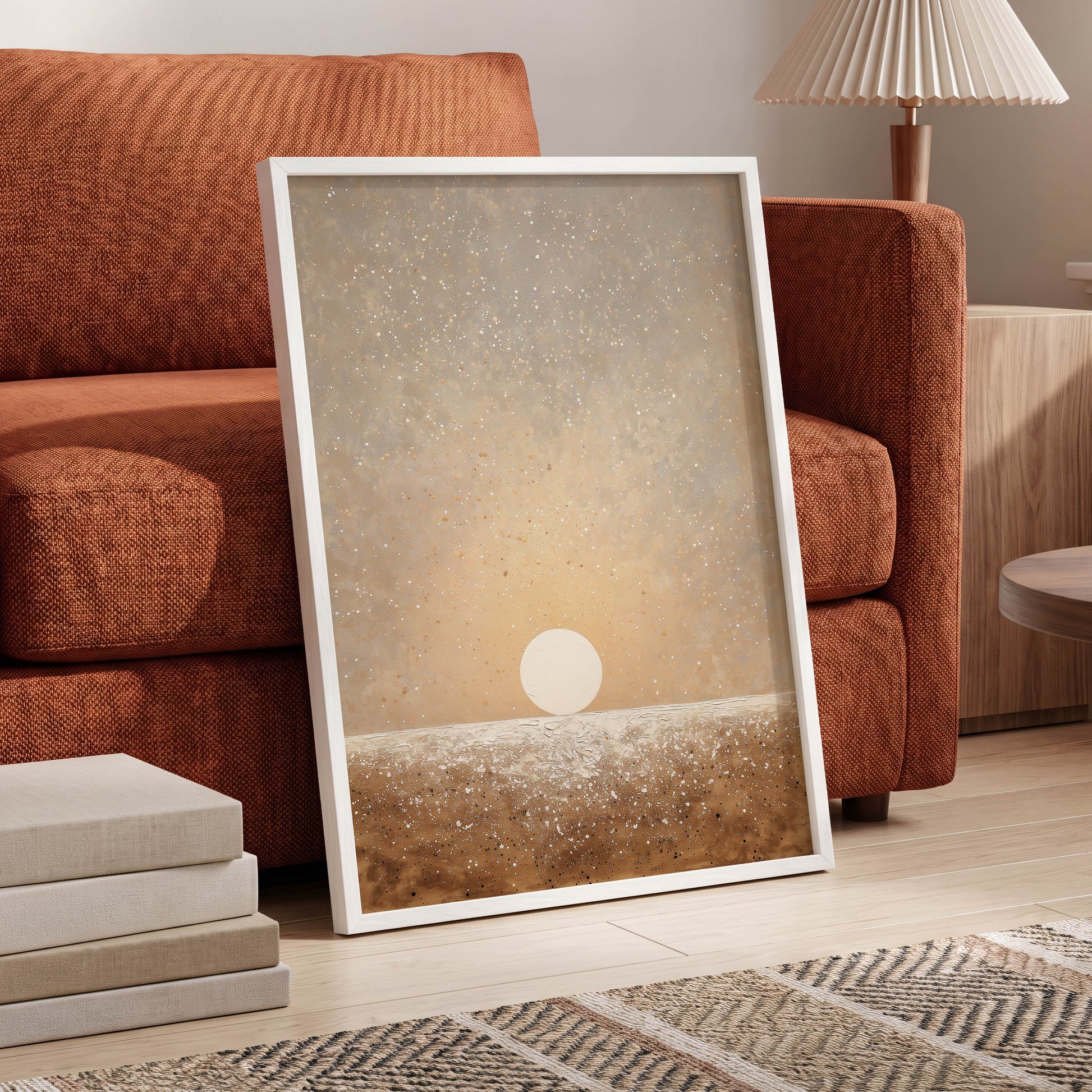 Stillpoint Horizon, beige, white, brown minimalist wall art displayed in a styled interior, gallery view 9