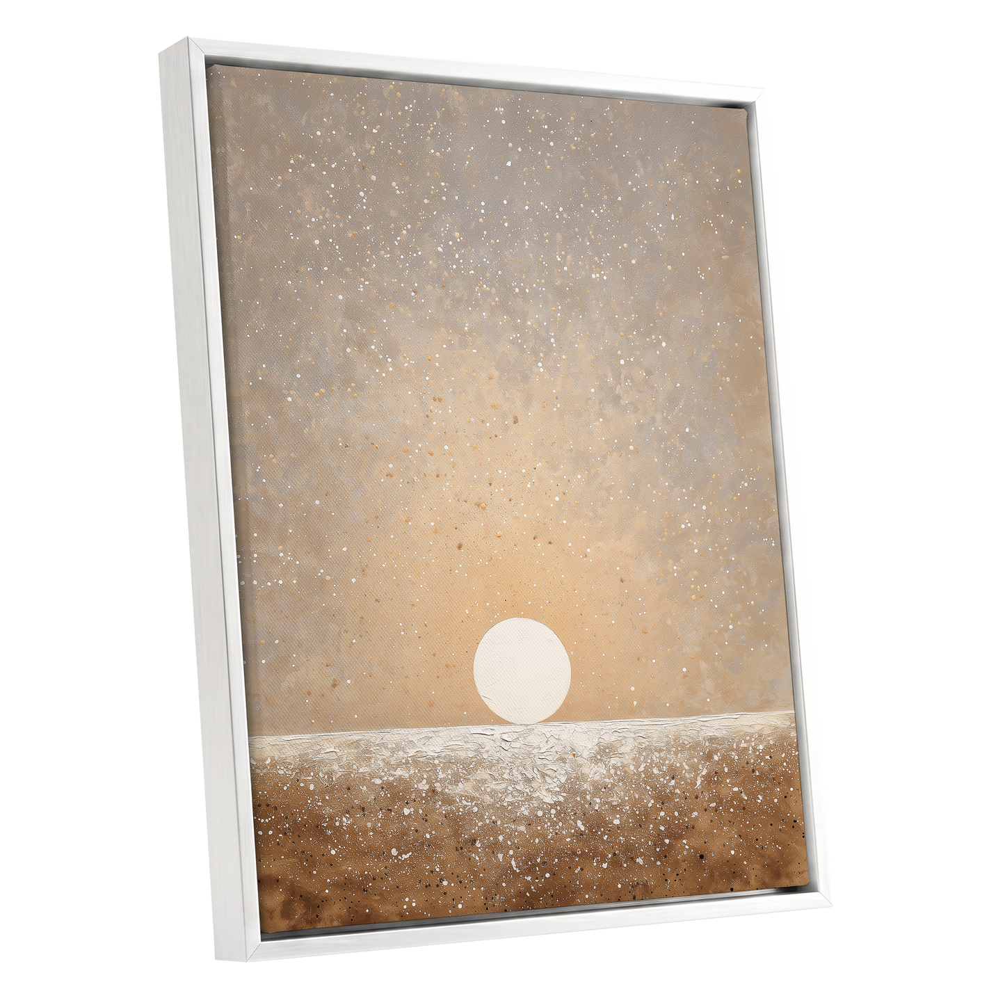 Stillpoint Horizon, beige, white, brown minimalist wall art shown as a white framed canvas wall art