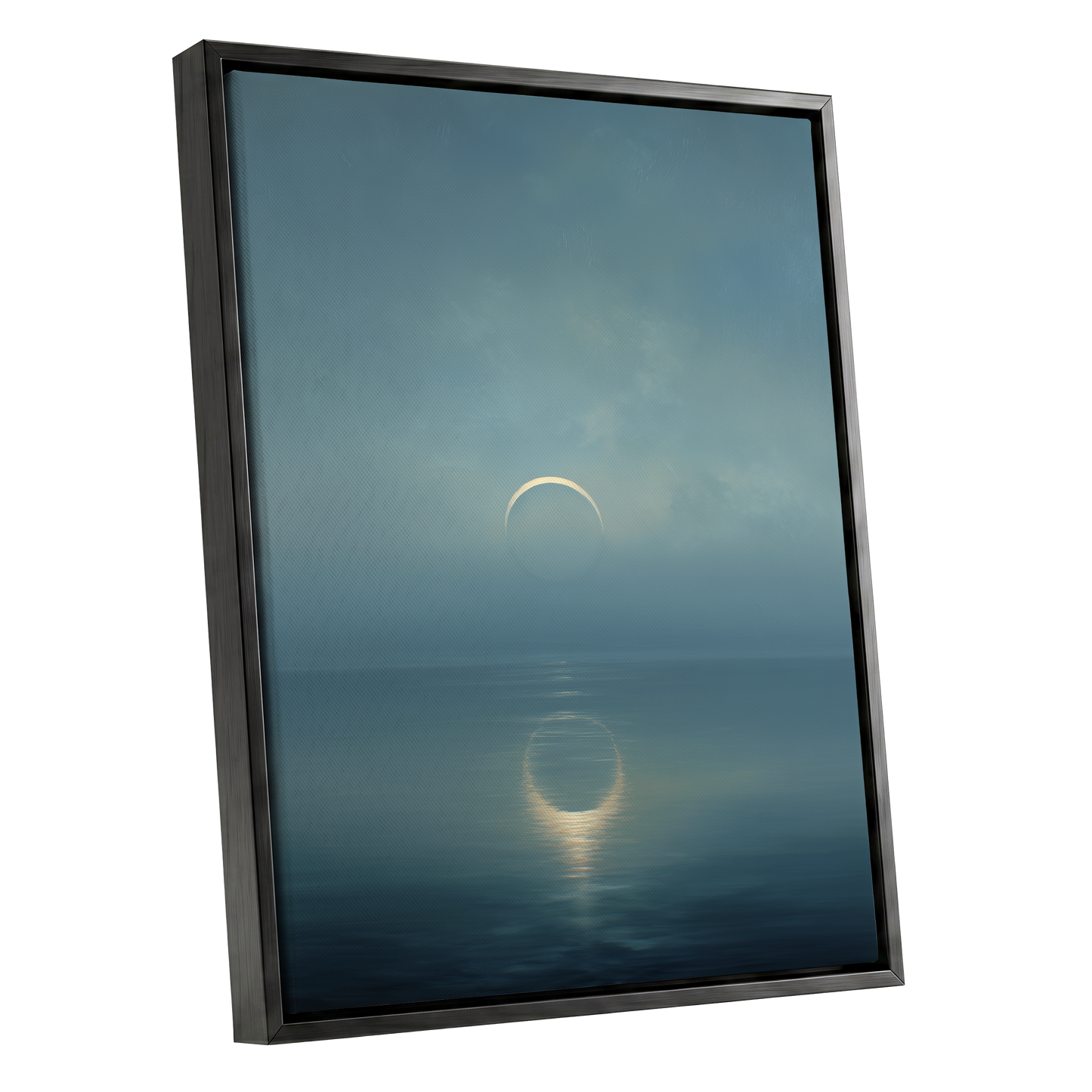 Stillwater Crescent, blue, gray, gold nature wall art shown as a black framed canvas wall art