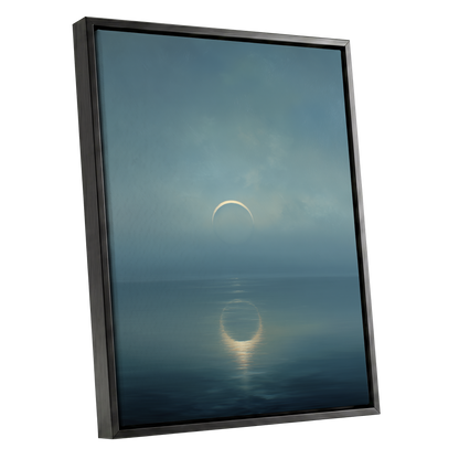 Stillwater Crescent, blue, gray, gold nature wall art shown as a black framed canvas wall art