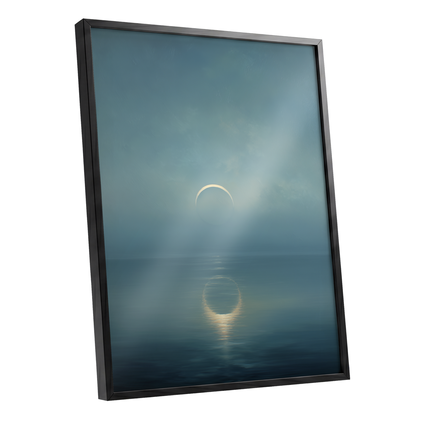 Stillwater Crescent, blue, gray, gold nature wall art shown as a black framed poster wall art print