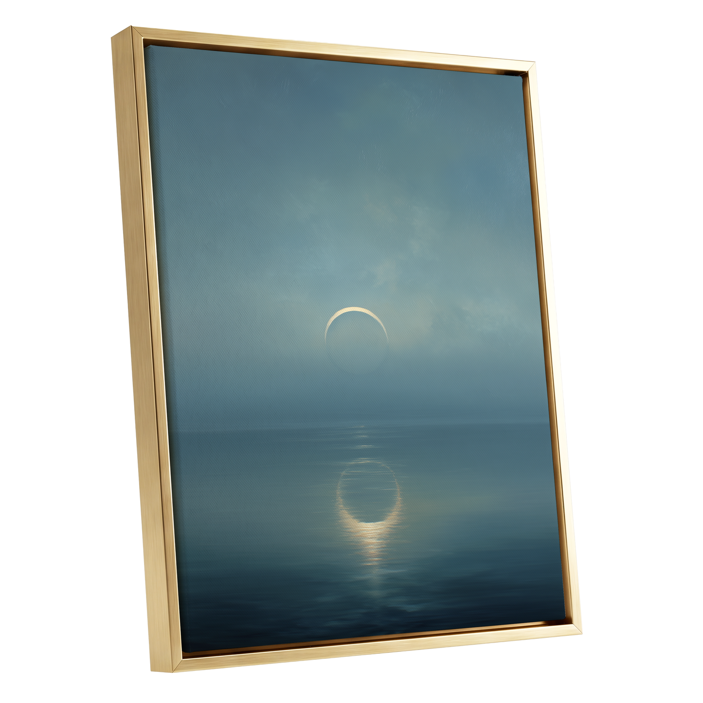 Stillwater Crescent, blue, gray, gold nature wall art shown as a gold framed canvas wall art