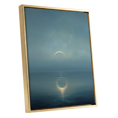 Stillwater Crescent, blue, gray, gold nature wall art shown as a gold framed canvas wall art
