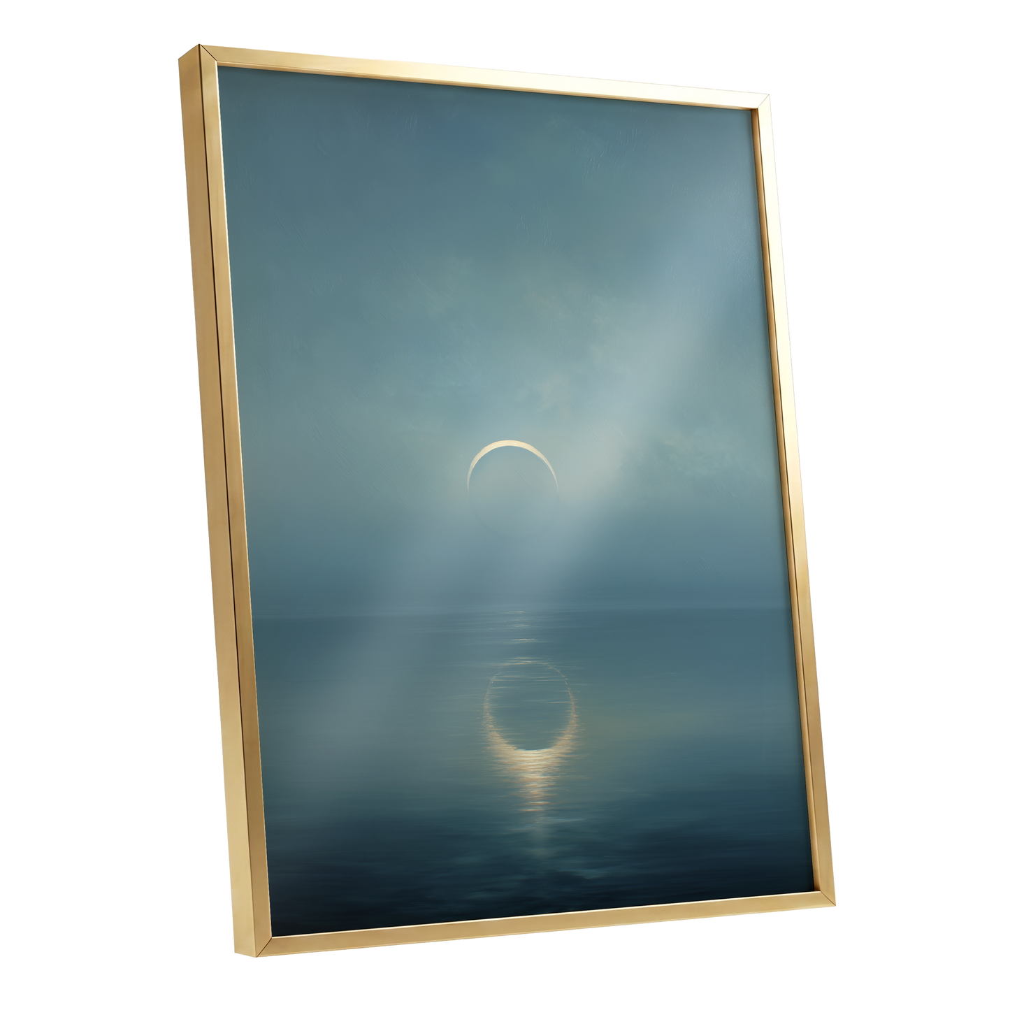 Stillwater Crescent, blue, gray, gold nature wall art shown as a gold framed poster wall art print