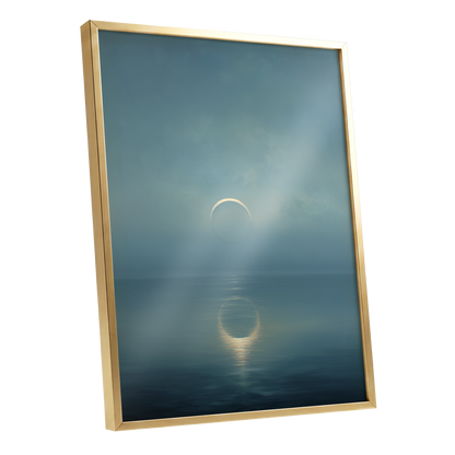 Stillwater Crescent, blue, gray, gold nature wall art shown as a gold framed poster wall art print