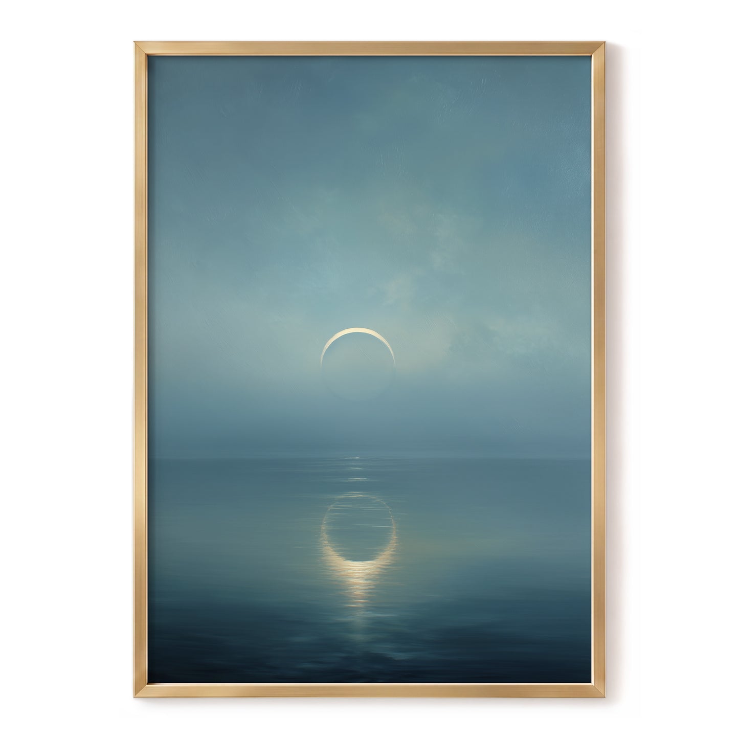 Stillwater Crescent, blue, gray, gold nature wall art, front artwork view