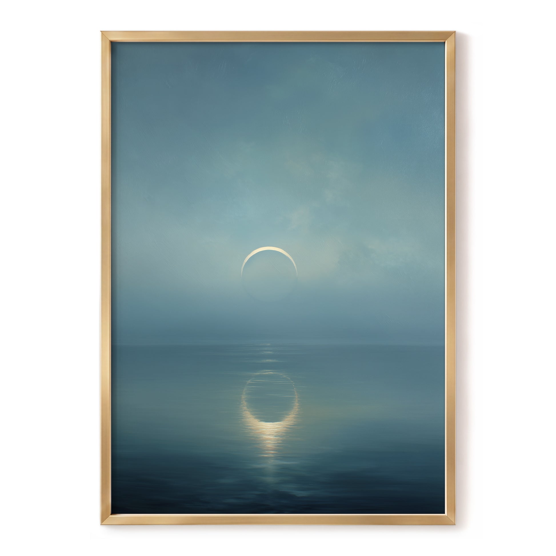 Stillwater Crescent, blue, gray, gold nature wall art, front artwork view