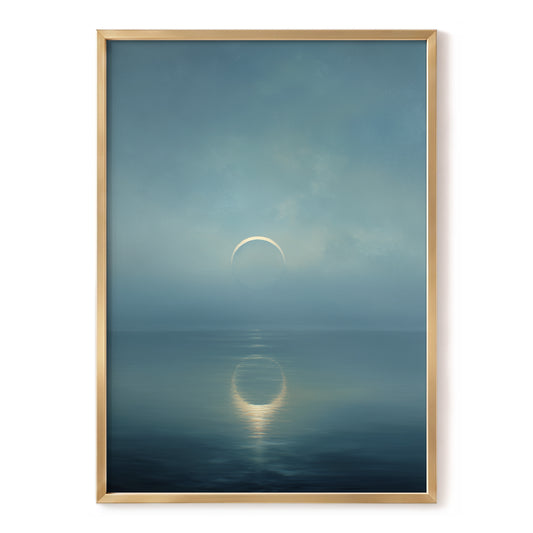 Stillwater Crescent, blue, gray, gold nature wall art, front artwork view