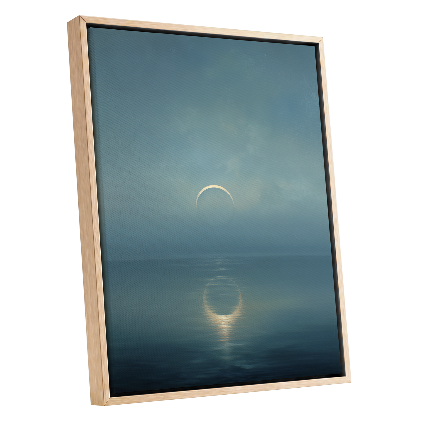 Stillwater Crescent, blue, gray, gold nature wall art shown as a oak framed canvas wall art