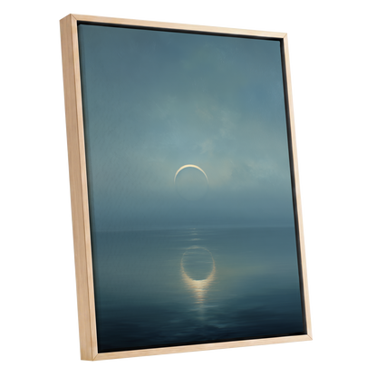 Stillwater Crescent, blue, gray, gold nature wall art shown as a oak framed canvas wall art