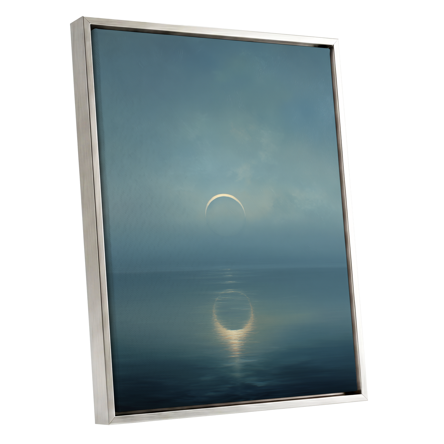 Stillwater Crescent, blue, gray, gold nature wall art shown as a silver framed canvas wall art