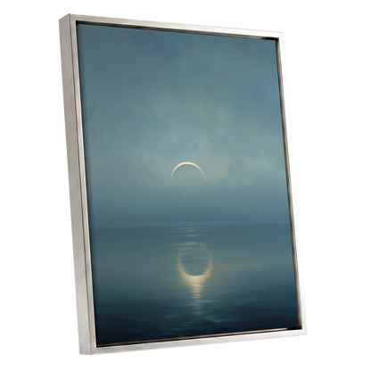 Stillwater Crescent, blue, gray, gold nature wall art shown as a silver framed canvas wall art