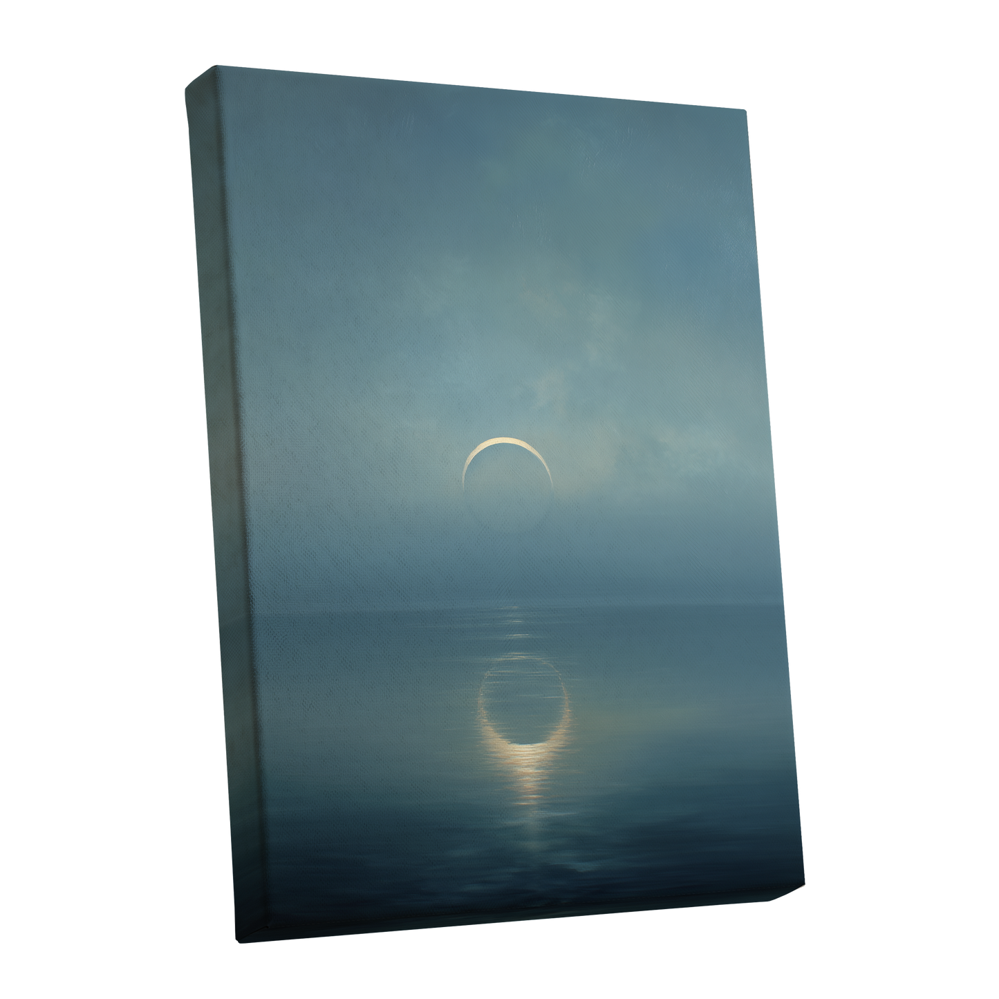 Stillwater Crescent, blue, gray, gold nature wall art shown as a stretched canvas wall art