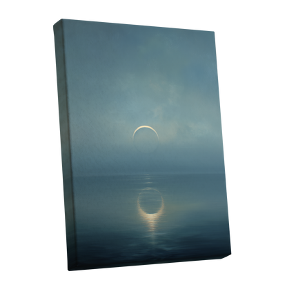 Stillwater Crescent, blue, gray, gold nature wall art shown as a stretched canvas wall art