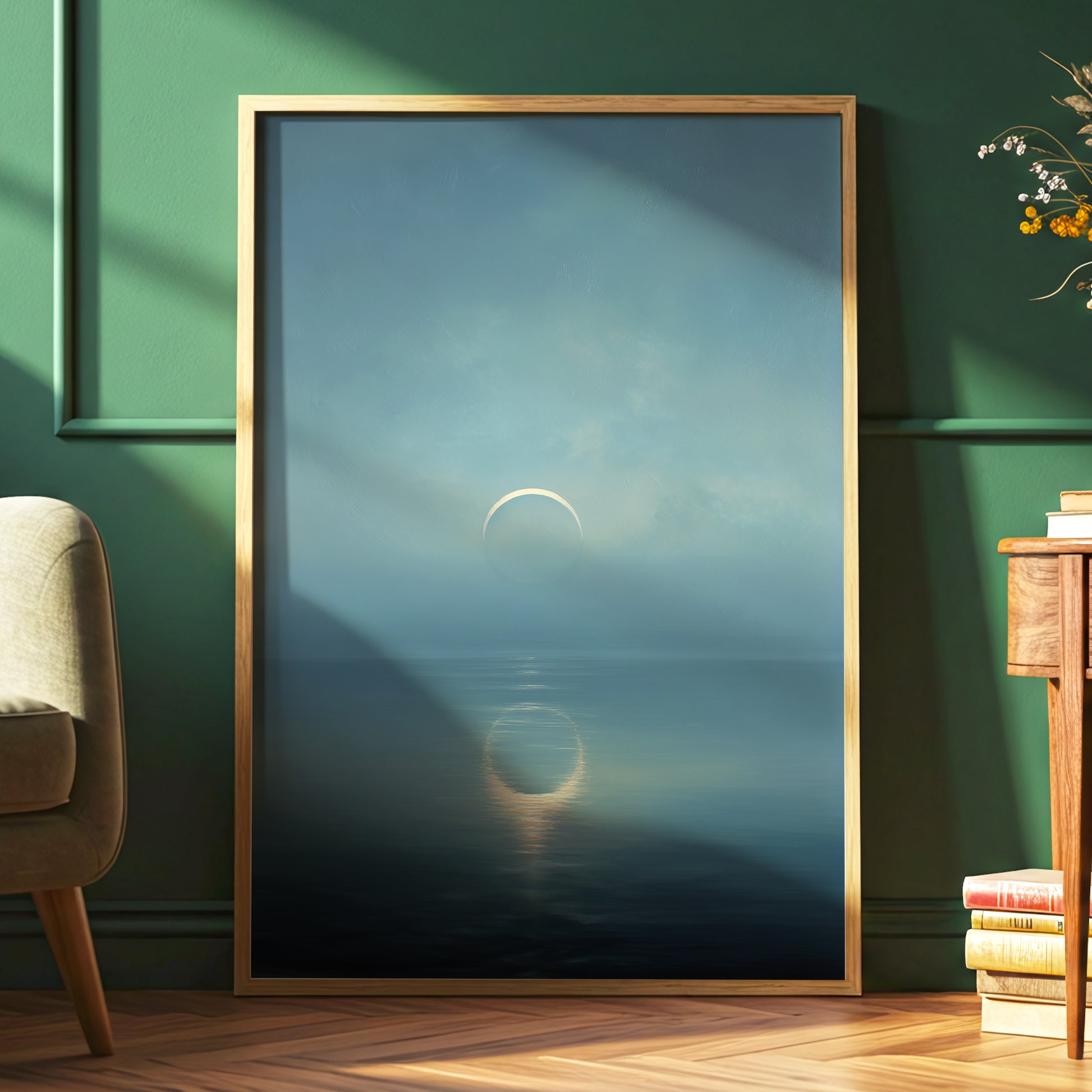 Stillwater Crescent, blue, gray, gold nature wall art displayed in a styled interior, gallery view 2