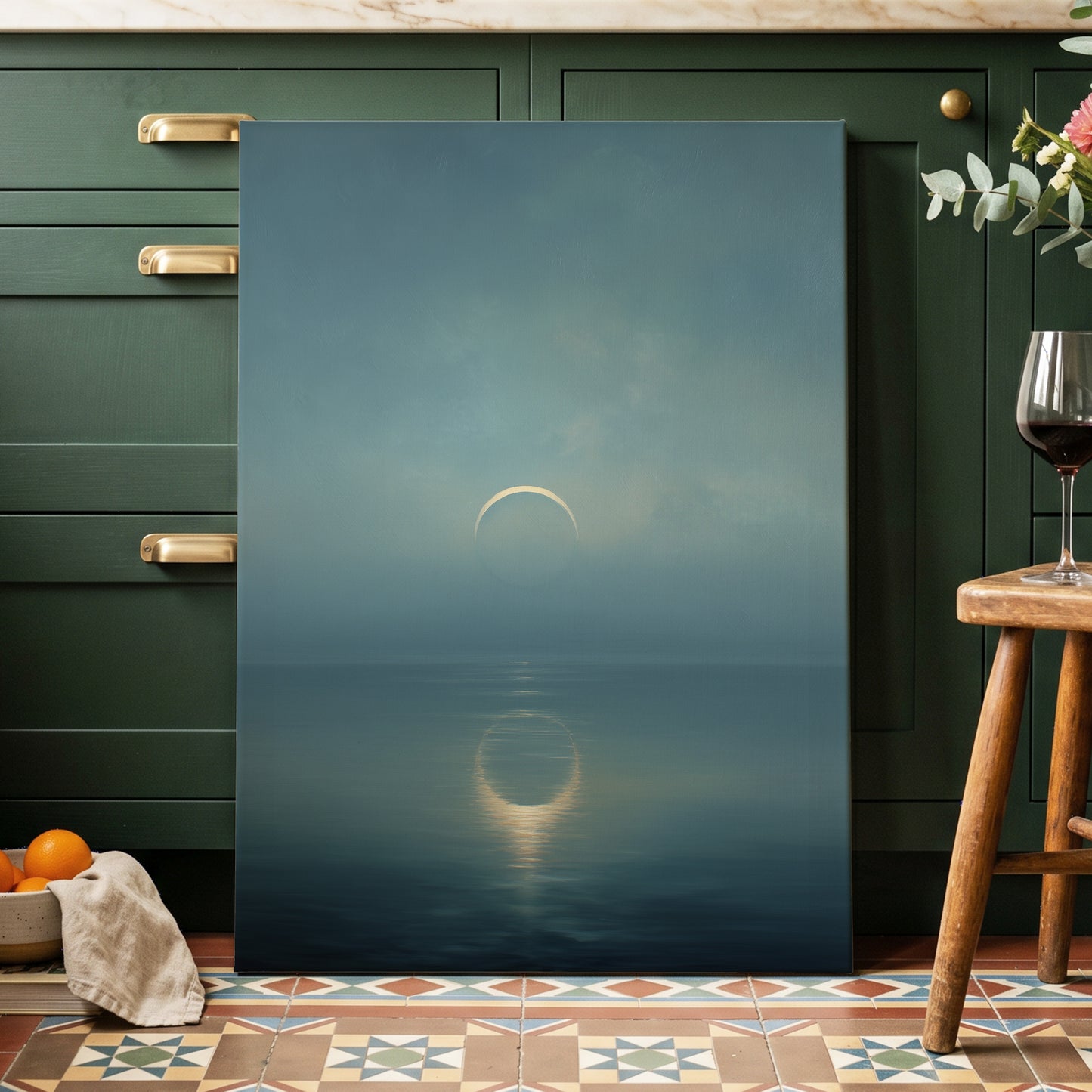 Stillwater Crescent, blue, gray, gold nature wall art displayed in a styled interior, gallery view 3