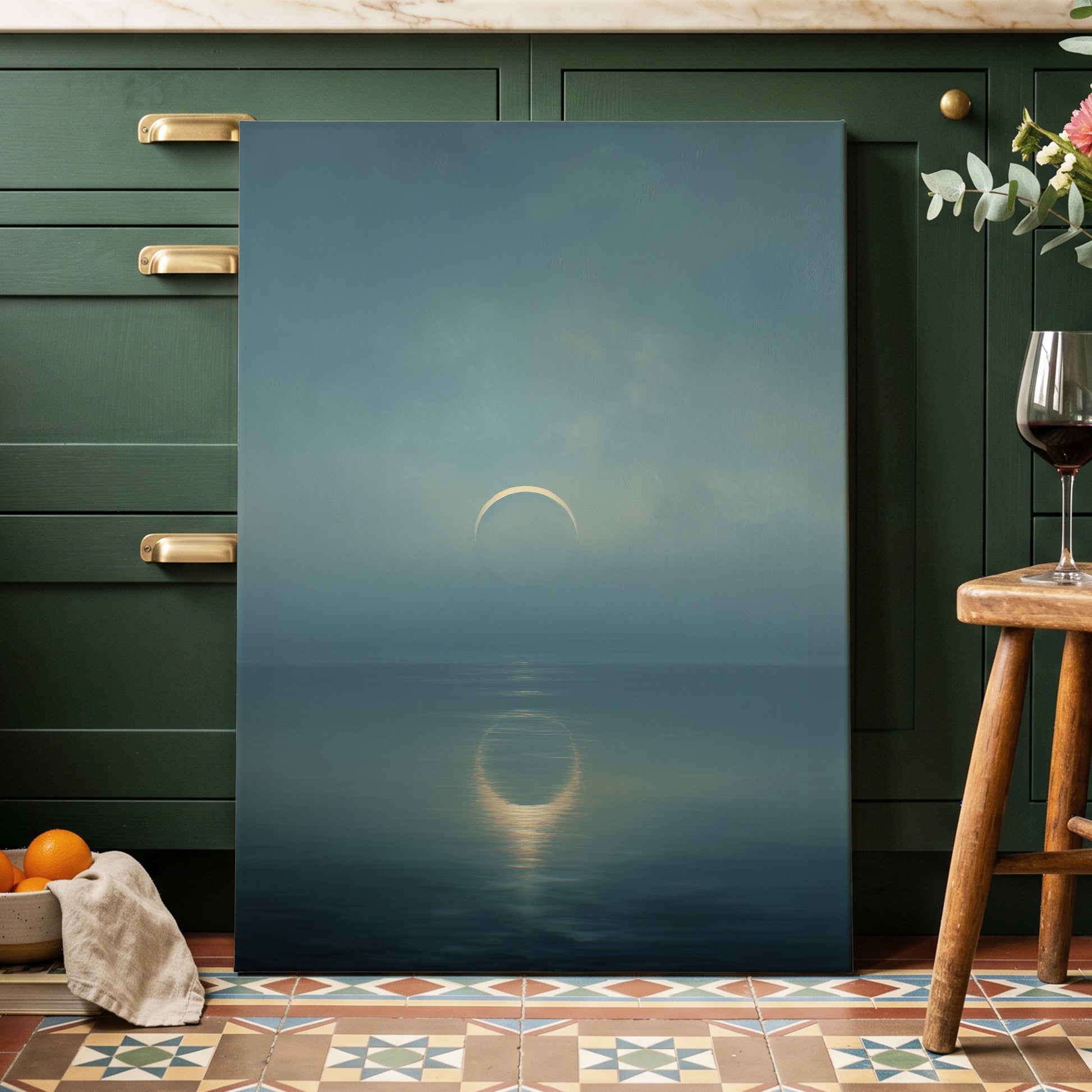 Stillwater Crescent, blue, gray, gold nature wall art displayed in a styled interior, gallery view 3