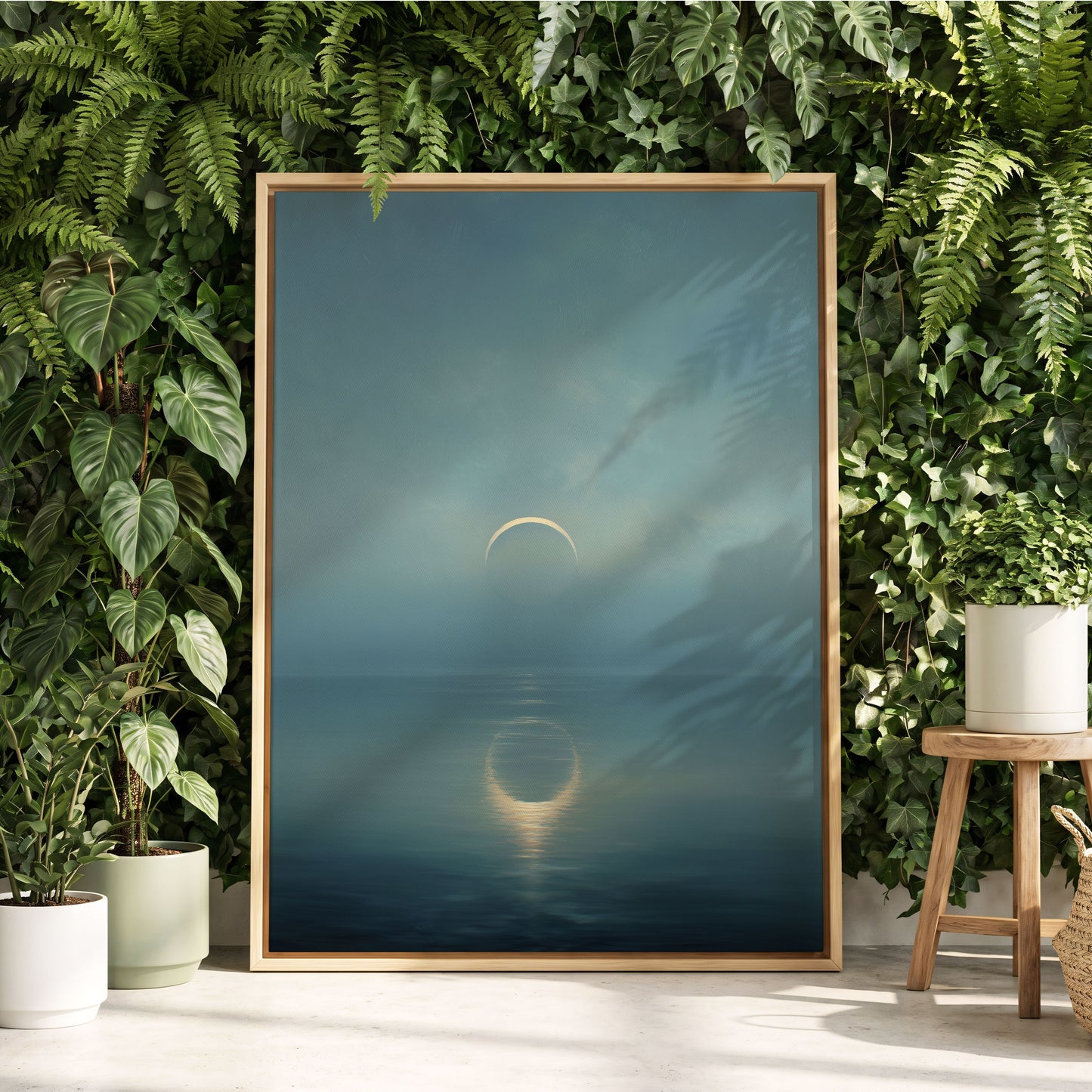 Stillwater Crescent, blue, gray, gold nature wall art displayed in a styled interior, gallery view 4