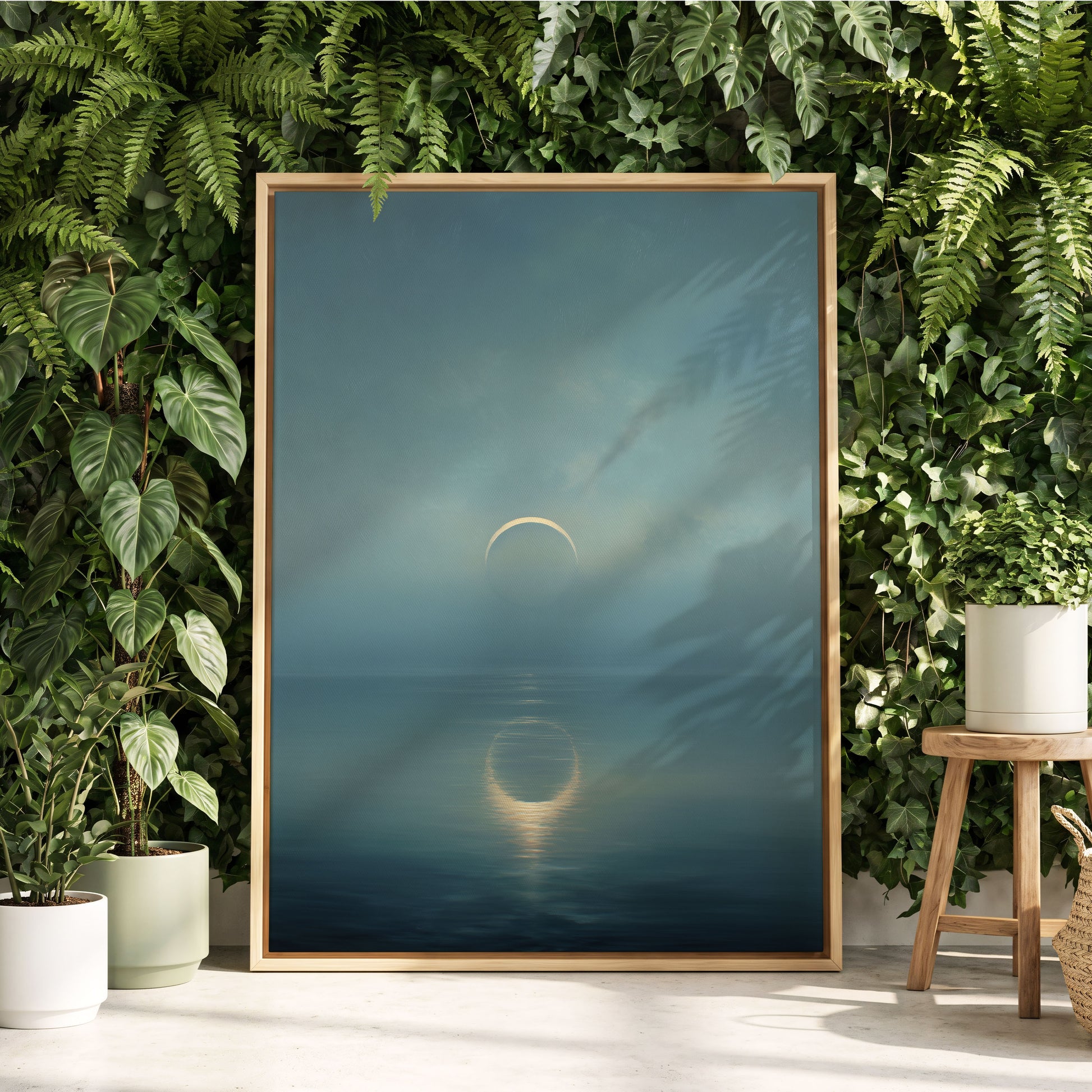 Stillwater Crescent, blue, gray, gold nature wall art displayed in a styled interior, gallery view 4