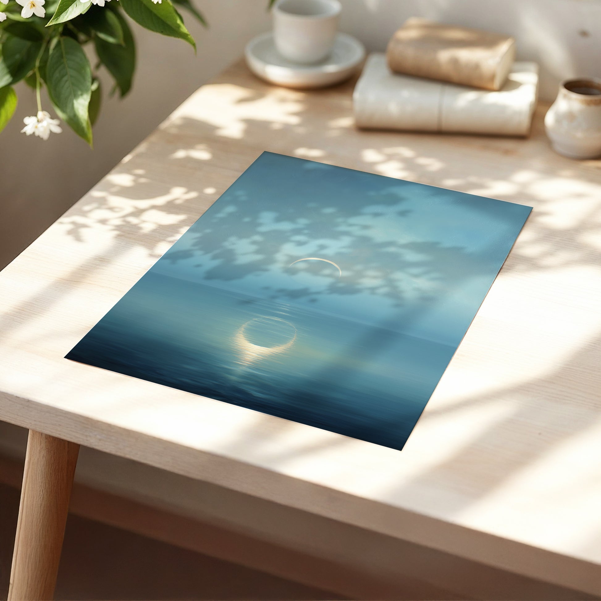 Stillwater Crescent, blue, gray, gold nature wall art displayed in a styled interior, gallery view 5
